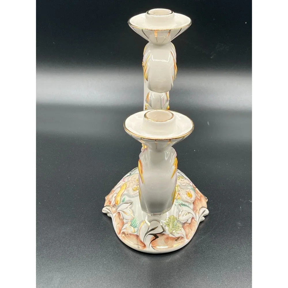 Vintage Alcobaca Portugal Capodimonte Double Candle Holder Hand Painted Stamped‎